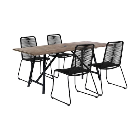 Armen Living Koala and Shasta 5 Piece Outdoor Patio Dining Set in Light Eucalyptus Wood and Black Rope 840254336384